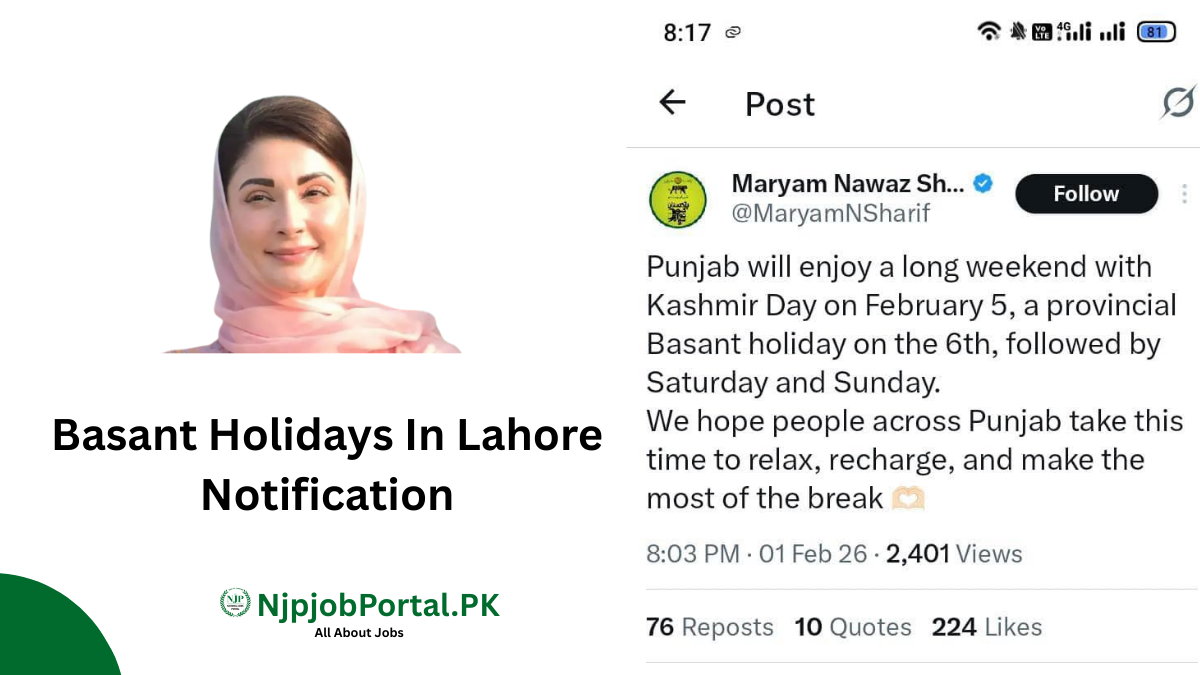 CM Punjab Announce Basant Holidays In Lahore Notification 2026