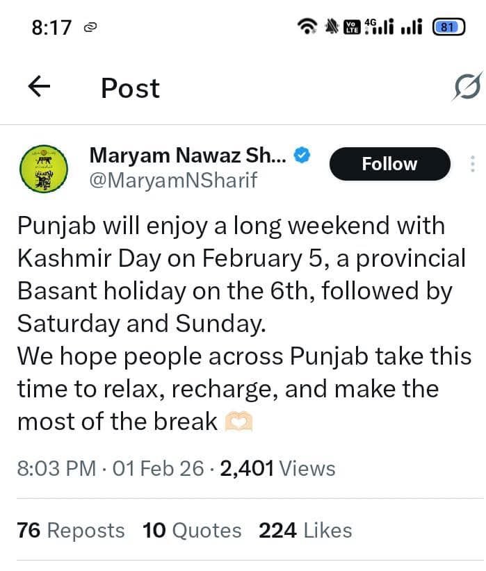 CM Punjab Government Holiday Notification